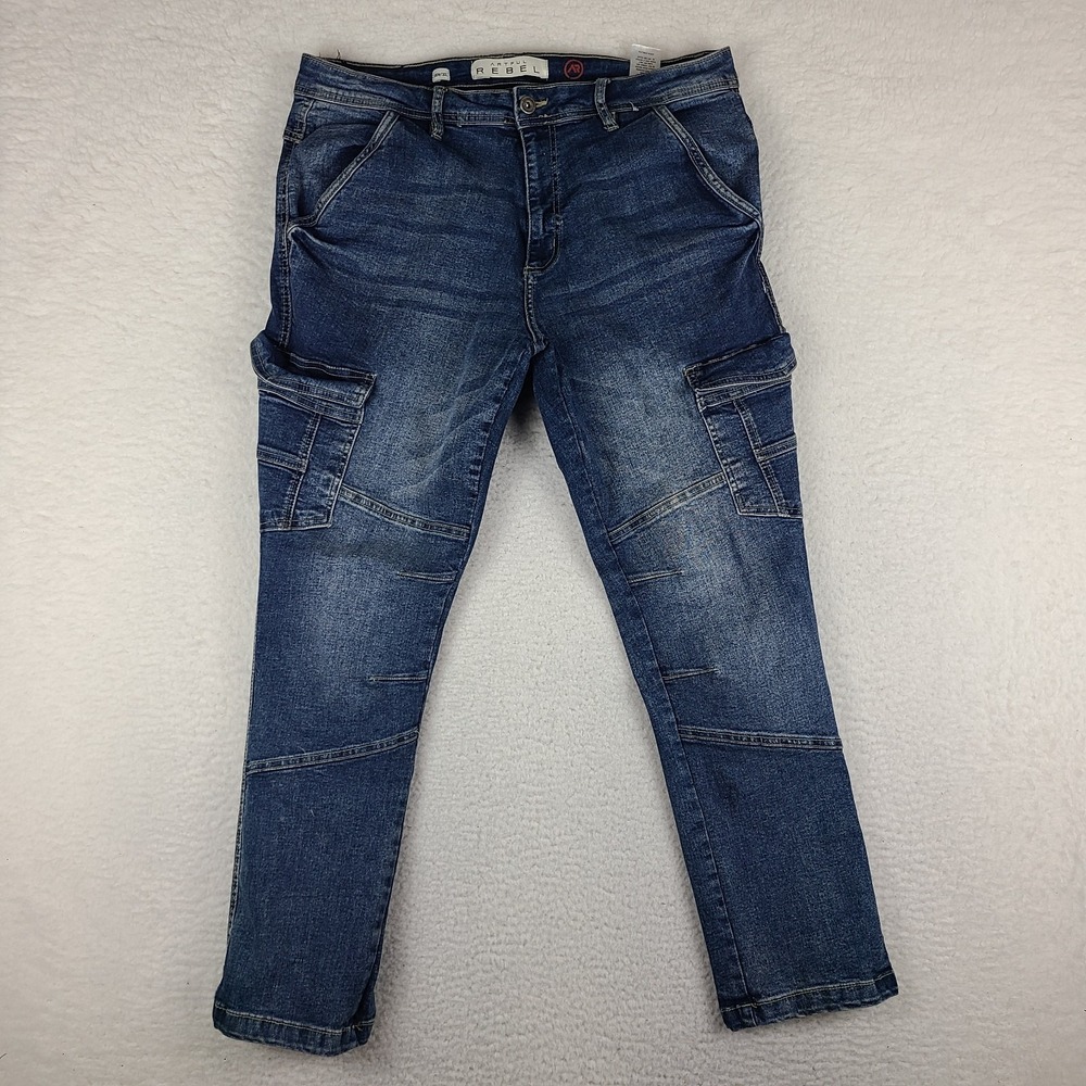 Artful Rebel Cargo Jeans Mens 36x30‎ Blue Skinny Dark Wash Pockets Denim